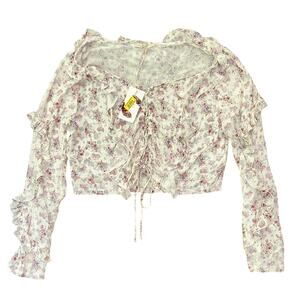 NWT Chelsea & Violet Floral Woven Lace-Up Ruffle Blouse Top Women's Large